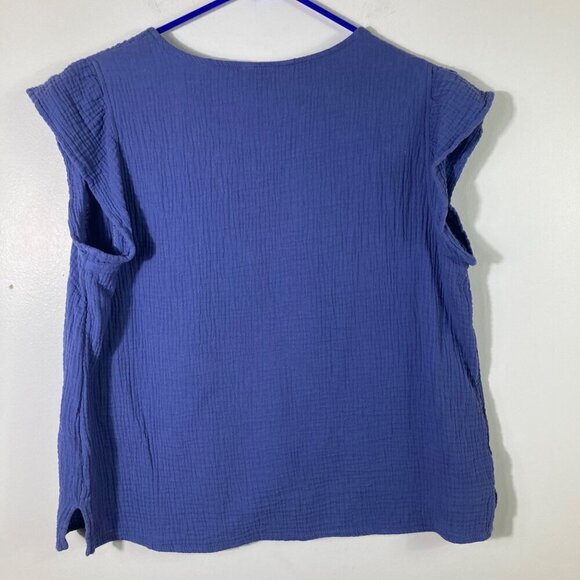 Womens 3 Dots Cotton Waffle V Neck Cap Sleeve Top Blue L - Picture 2 of 5